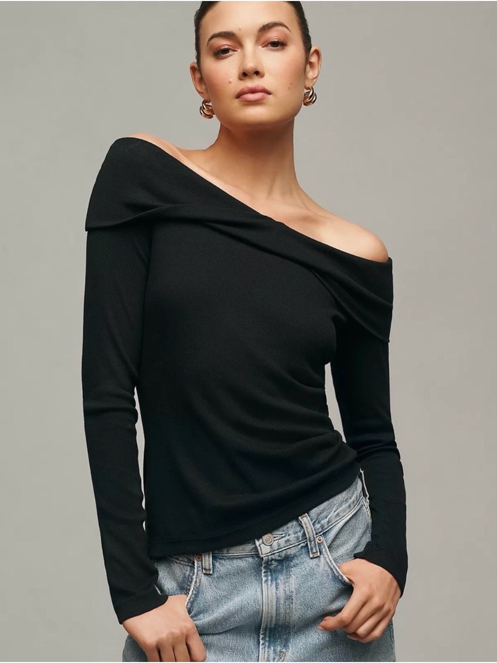 Pilcro Black Off‑Shoulder Long Sleeve Top